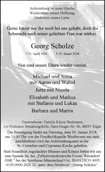 Anzeige von Georg Scholze von Westfälische Nachrichten