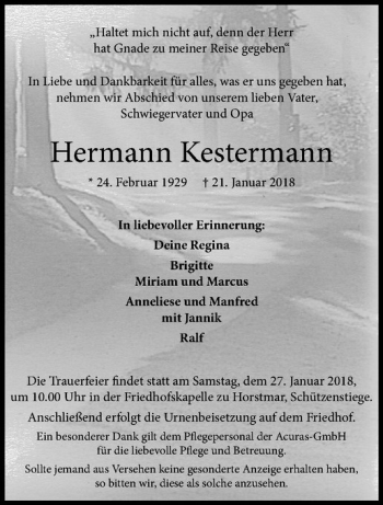 Anzeige von Hermann Kestermann von Westfälische Nachrichten