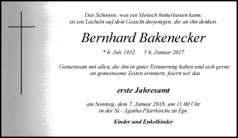  Traueranzeige für Bernhard Bakenecker vom 02.01.2018 aus Westfälische Nachrichten