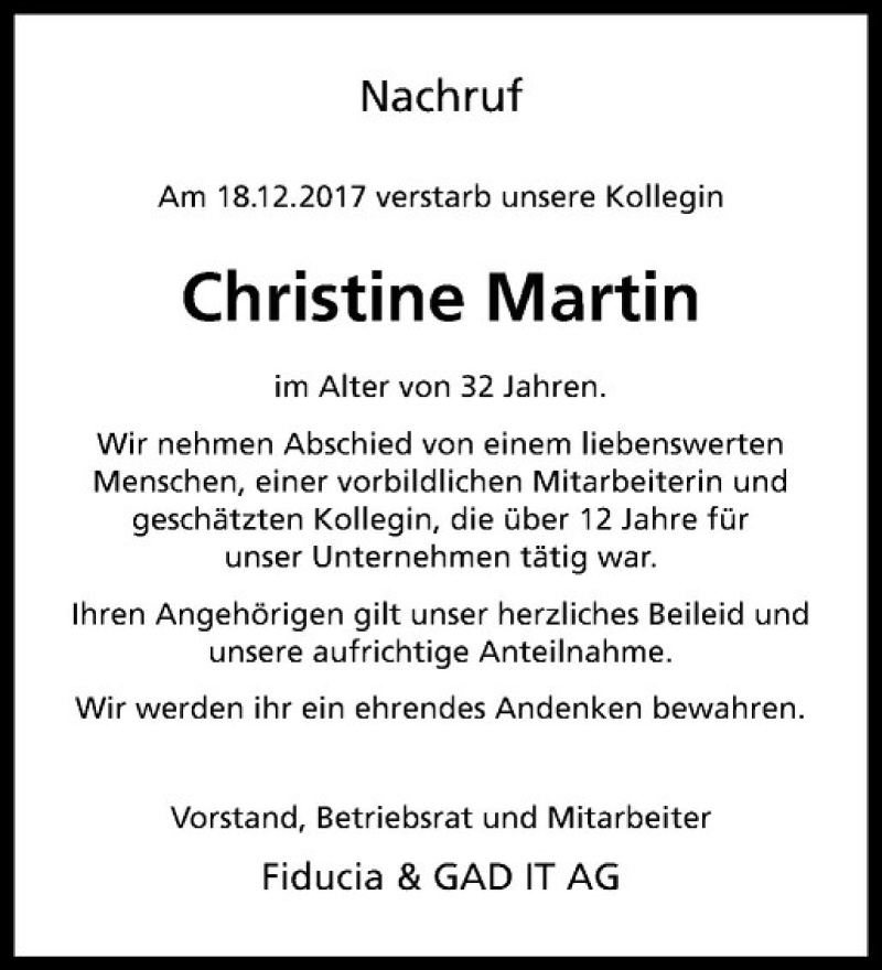 Traueranzeige für Christine Martin vom 06.01.2018 aus Westfälische Nachrichten