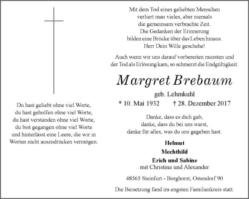  Traueranzeige für Margret Brebaum vom 06.01.2018 aus Westfälische Nachrichten