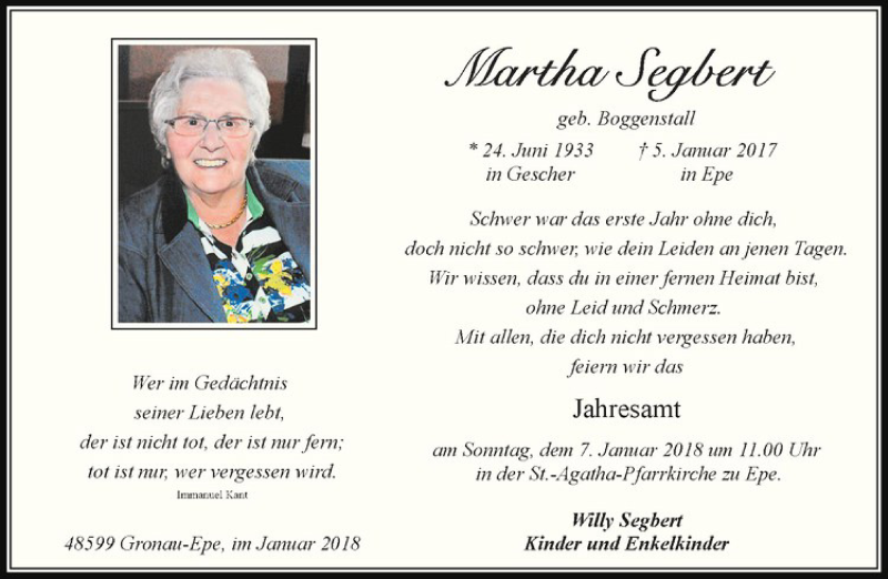  Traueranzeige für Martha Segbert vom 02.01.2018 aus Westfälische Nachrichten