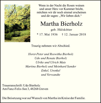 Anzeige von Martha Bierholz von Westfälische Nachrichten