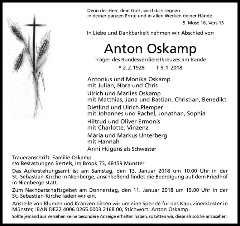  Traueranzeige für Anton Oskamp vom 11.01.2018 aus Westfälische Nachrichten