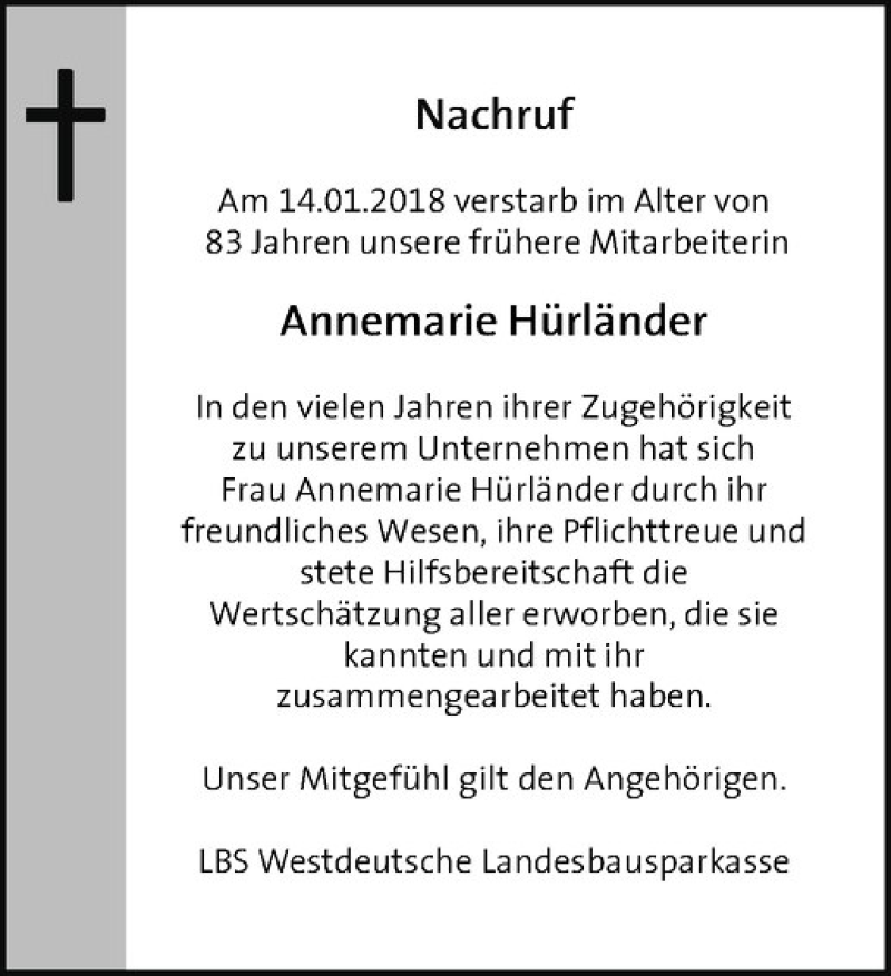  Traueranzeige für Annemarie Hürländer vom 31.01.2018 aus Westfälische Nachrichten