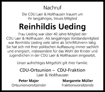 Anzeige von Reinhildis Ueding von Westfälische Nachrichten