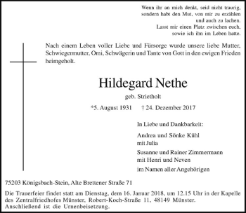 Anzeige von Hildegard Nethe von Westfälische Nachrichten