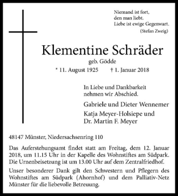 Anzeige von Klementine Schräder von Westfälische Nachrichten