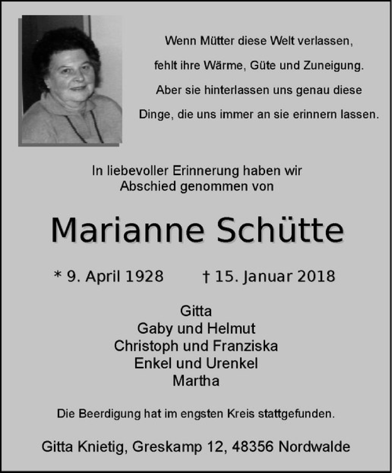  Traueranzeige für Marianne Schütte vom 20.01.2018 aus Westfälische Nachrichten