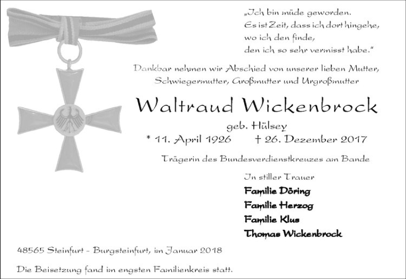  Traueranzeige für Waltraud Wickenbrock vom 04.01.2018 aus Westfälische Nachrichten