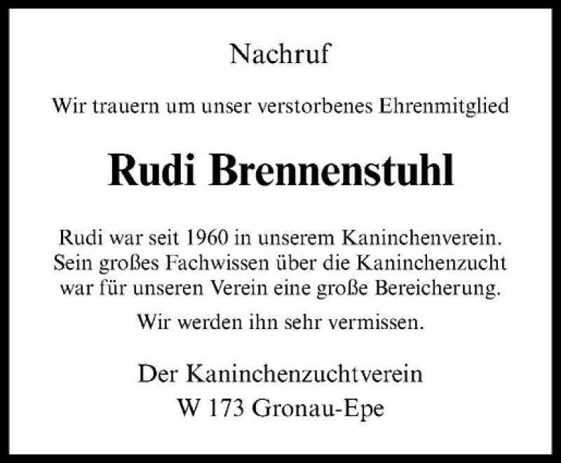  Traueranzeige für Rudi Brennenstuhl vom 25.01.2018 aus Westfälische Nachrichten
