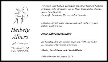 Anzeige von Hedwig Albers von Westfälische Nachrichten