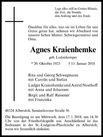 Anzeige von Agnes Kraienhemke von Westfälische Nachrichten