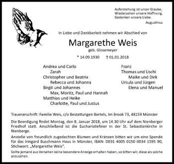 Anzeige von Margarethe Weis von Westfälische Nachrichten