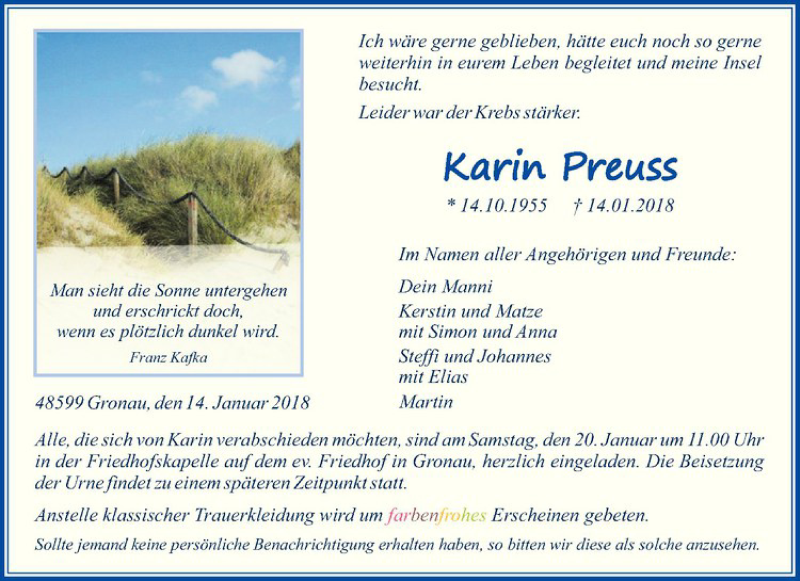  Traueranzeige für Karin Preuss vom 17.01.2018 aus Westfälische Nachrichten