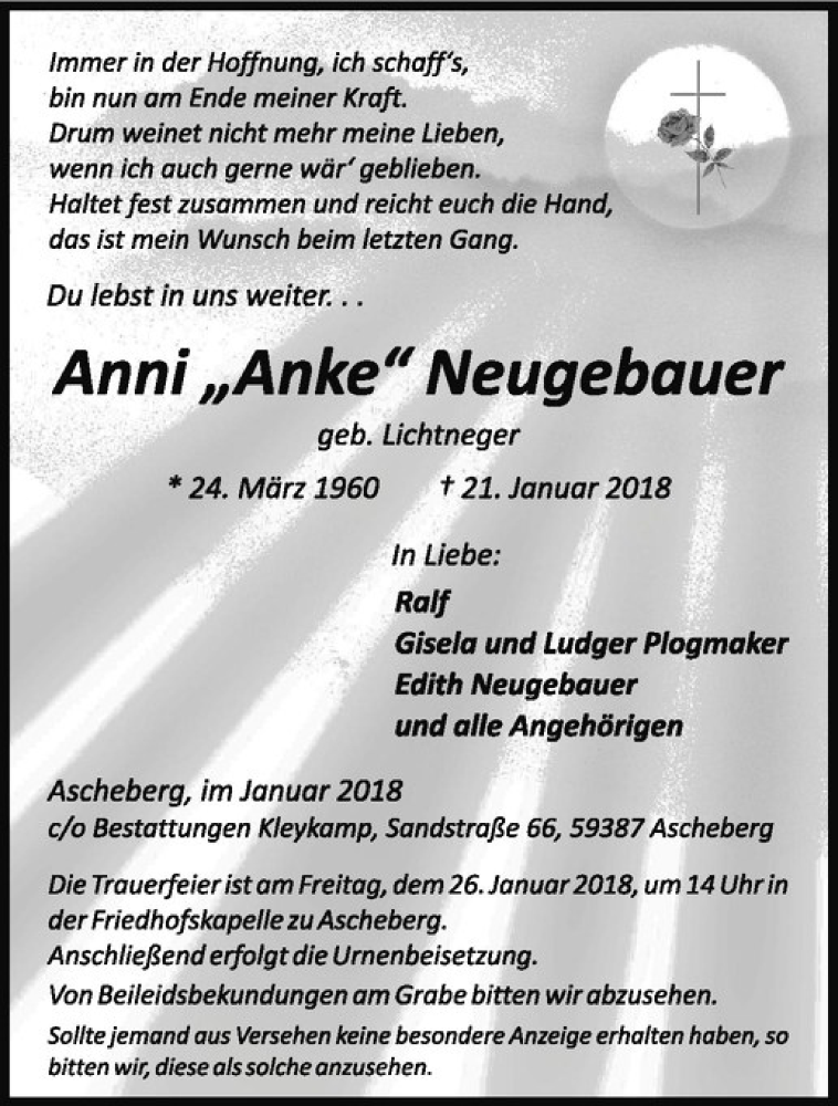  Traueranzeige für Anke Neugebauer vom 24.01.2018 aus Westfälische Nachrichten