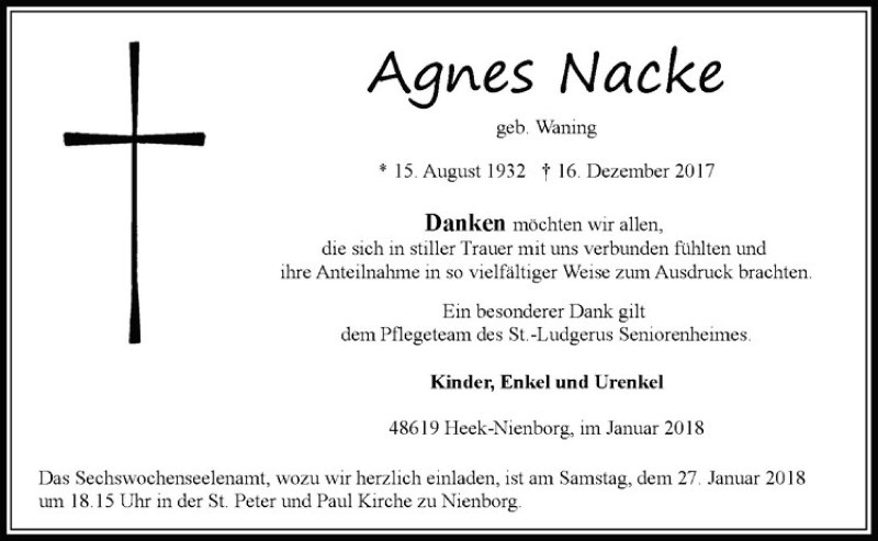  Traueranzeige für Agnes Nacke vom 23.01.2018 aus Westfälische Nachrichten