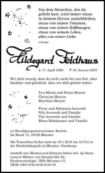 Anzeige von Hildegard Feldhaus von Westfälische Nachrichten