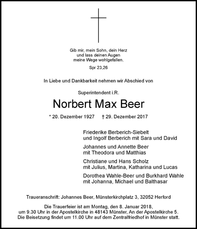  Traueranzeige für Norbert Beer vom 03.01.2018 aus Westfälische Nachrichten