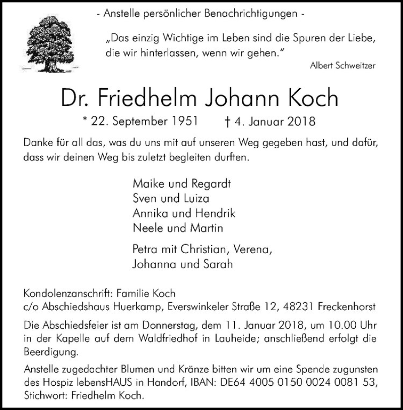  Traueranzeige für Friedhelm Johann Koch vom 09.01.2018 aus Westfälische Nachrichten