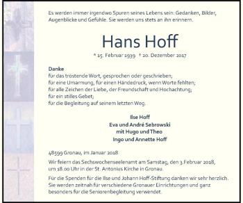 Anzeige von Hans Hoff von Westfälische Nachrichten