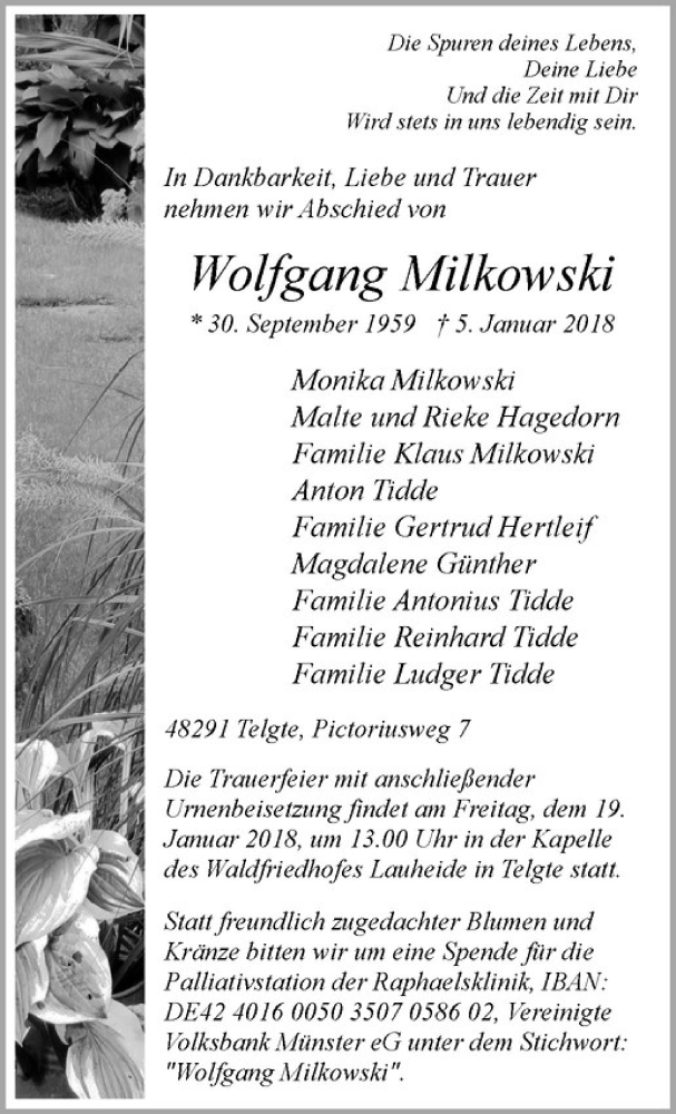  Traueranzeige für Wolfgang Milkowski vom 13.01.2018 aus Westfälische Nachrichten