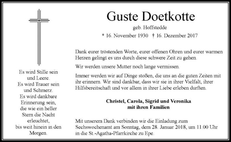  Traueranzeige für Guste Doetkotte vom 20.01.2018 aus Westfälische Nachrichten