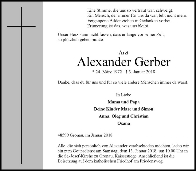  Traueranzeige für Alexander Gerber vom 11.01.2018 aus Westfälische Nachrichten