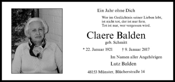Anzeige von Claere Balden von Westfälische Nachrichten
