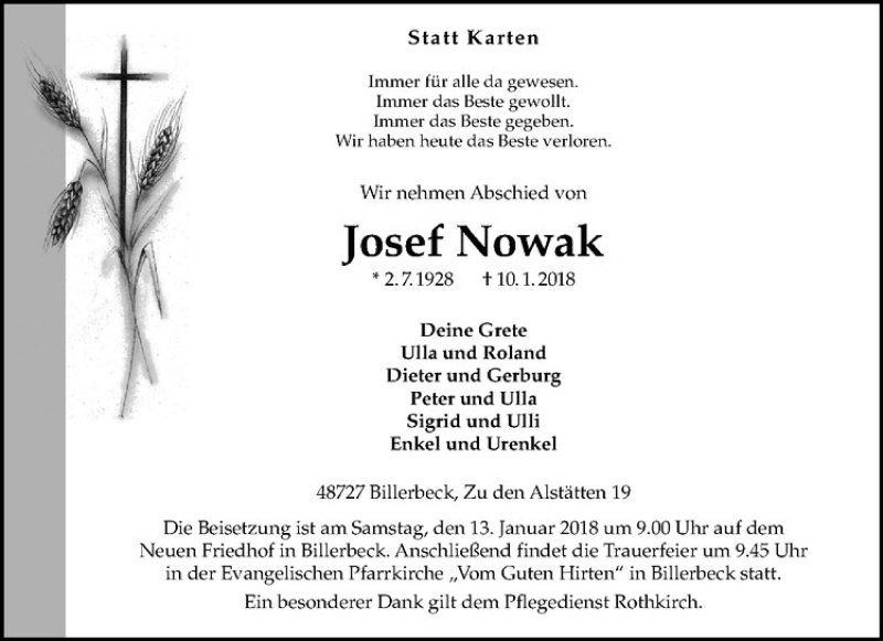  Traueranzeige für Josef Nowak vom 12.01.2018 aus Westfälische Nachrichten