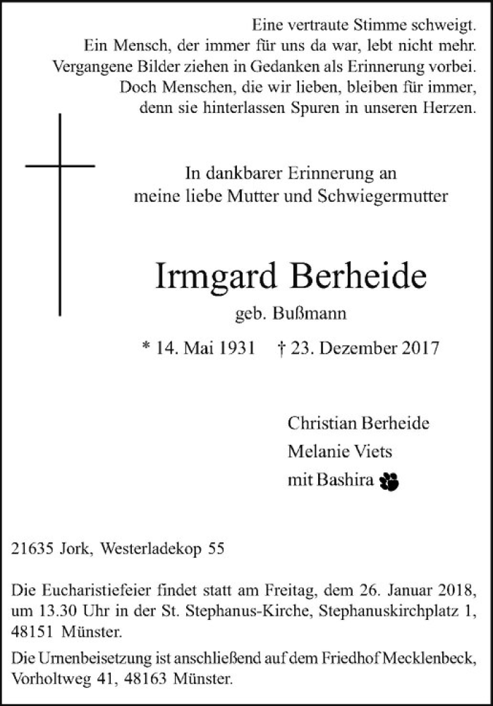  Traueranzeige für Irmgard Berheide vom 20.01.2018 aus Westfälische Nachrichten