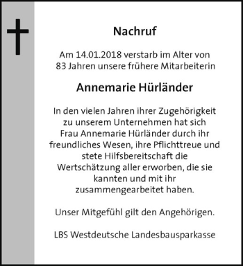Anzeige von Annemarie Hürländer von Westfälische Nachrichten