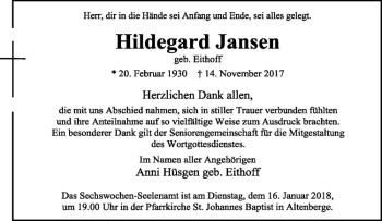 Anzeige von Hildegard Jansen von Westfälische Nachrichten