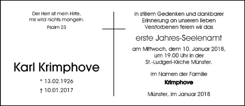 Traueranzeige für Karl Krimphove vom 06.01.2018 aus Westfälische Nachrichten