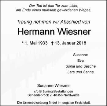 Anzeige von Hermann Wiesner von Westfälische Nachrichten
