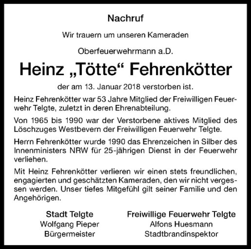  Traueranzeige für Heinz Fehrenkötter vom 23.01.2018 aus Westfälische Nachrichten