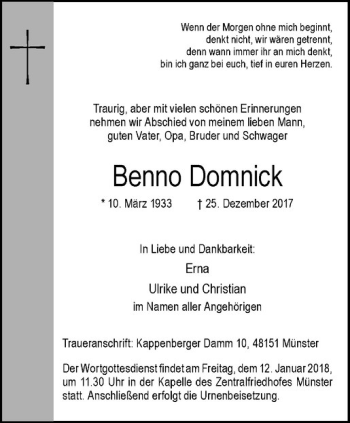 Anzeige von Benno Domnick von Westfälische Nachrichten