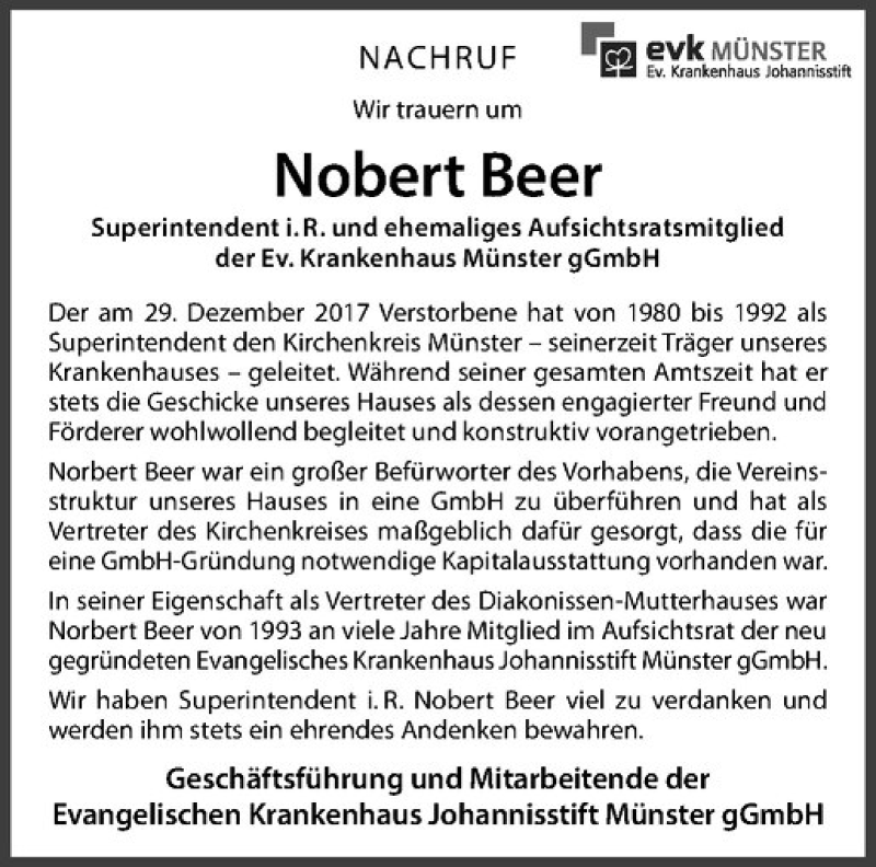  Traueranzeige für Norbert Beer vom 13.01.2018 aus Westfälische Nachrichten