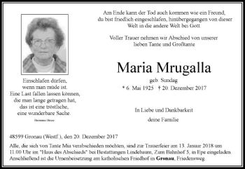 Anzeige von Maria Mrugalla von Westfälische Nachrichten