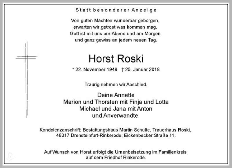  Traueranzeige für Horst Roski vom 30.01.2018 aus Westfälische Nachrichten