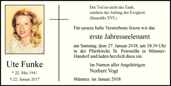 Anzeige von Ute Funke von Westfälische Nachrichten