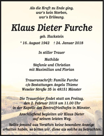 Anzeige von Klaus Dieter Furche von Westfälische Nachrichten