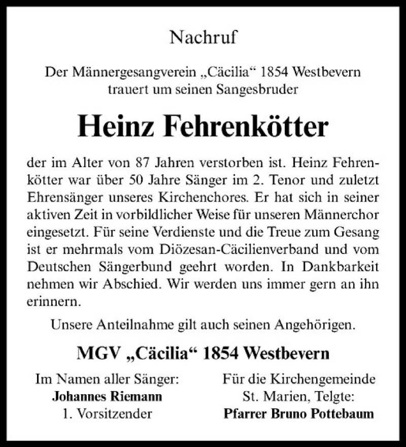  Traueranzeige für Heinz Fehrenkötter vom 23.01.2018 aus Westfälische Nachrichten