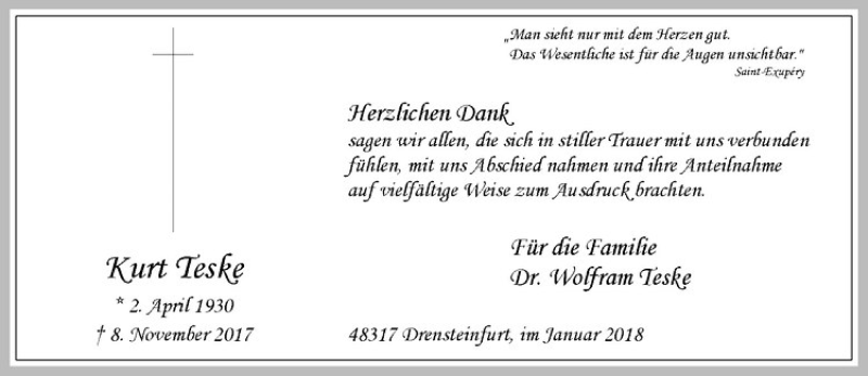  Traueranzeige für Kurt Teske vom 27.01.2018 aus Westfälische Nachrichten