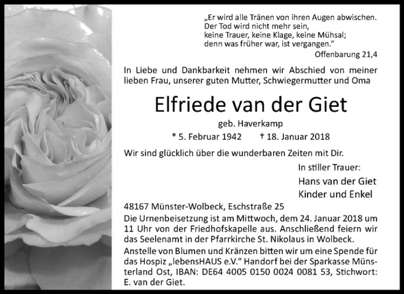  Traueranzeige für Elfriede van der Giet vom 23.01.2018 aus Westfälische Nachrichten