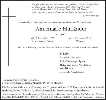 Anzeige von Annemarie Hürländer von Westfälische Nachrichten