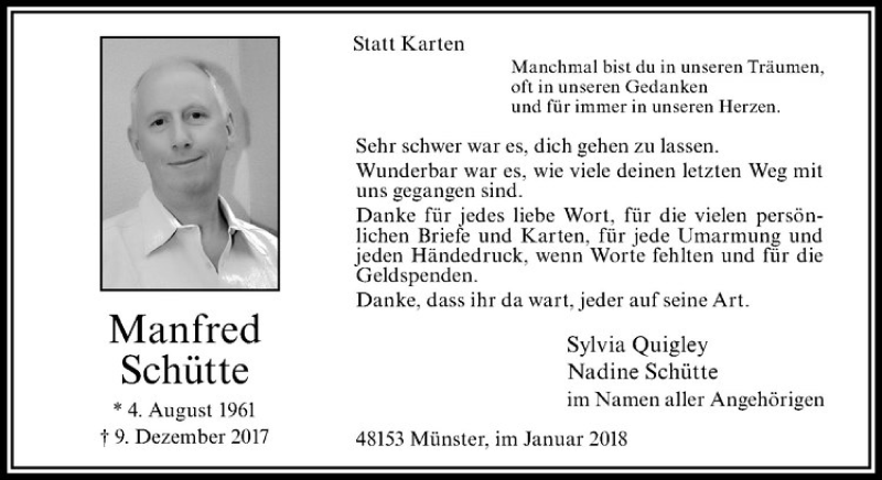 Traueranzeige für Manfred Schütte vom 20.01.2018 aus Westfälische Nachrichten