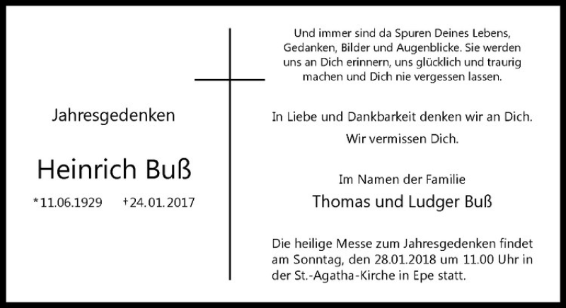  Traueranzeige für Heinrich Buß vom 24.01.2018 aus Westfälische Nachrichten