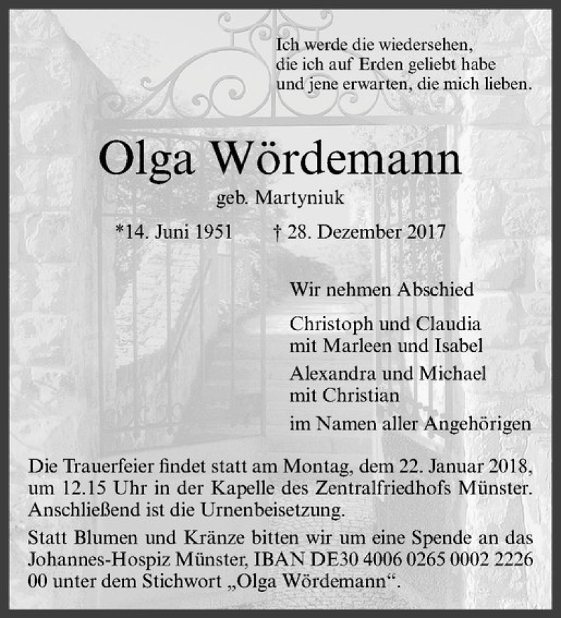  Traueranzeige für Olga Wördemann vom 06.01.2018 aus Westfälische Nachrichten