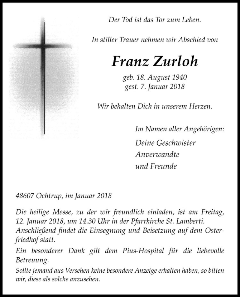  Traueranzeige für Franz Zurloh vom 10.01.2018 aus Westfälische Nachrichten
